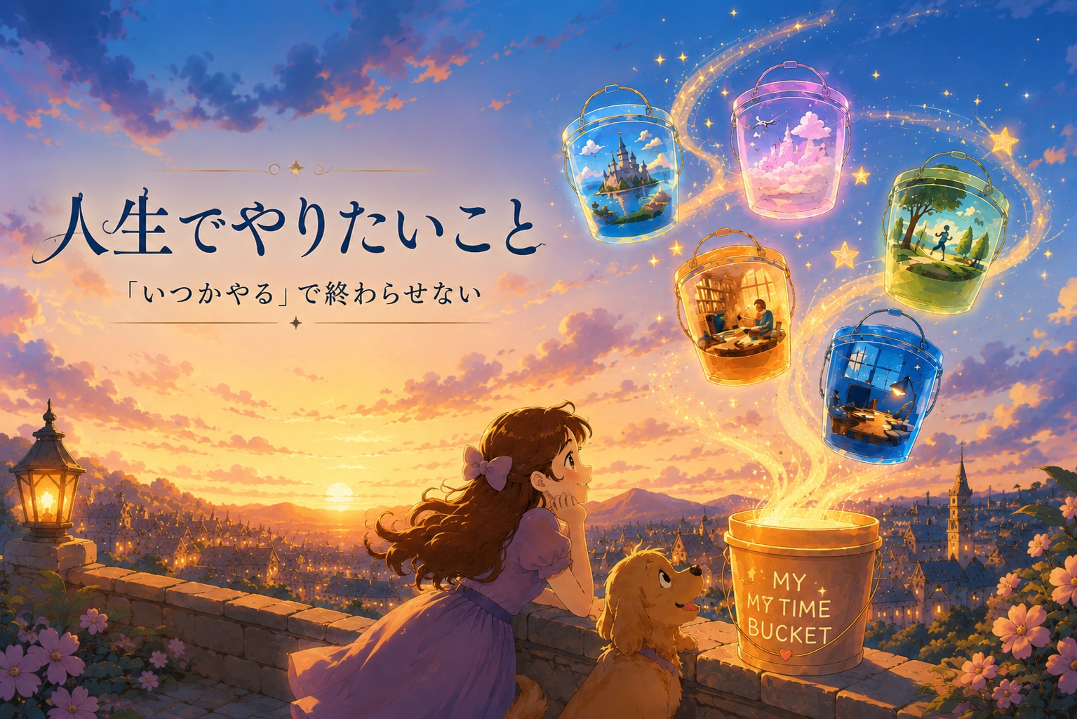 夕暮れの街を見下ろす女の子と犬。夢の入った光るバケツが空へ舞い上がるイラスト。人生でやりたいこと——「いつかやる」で終わらせない